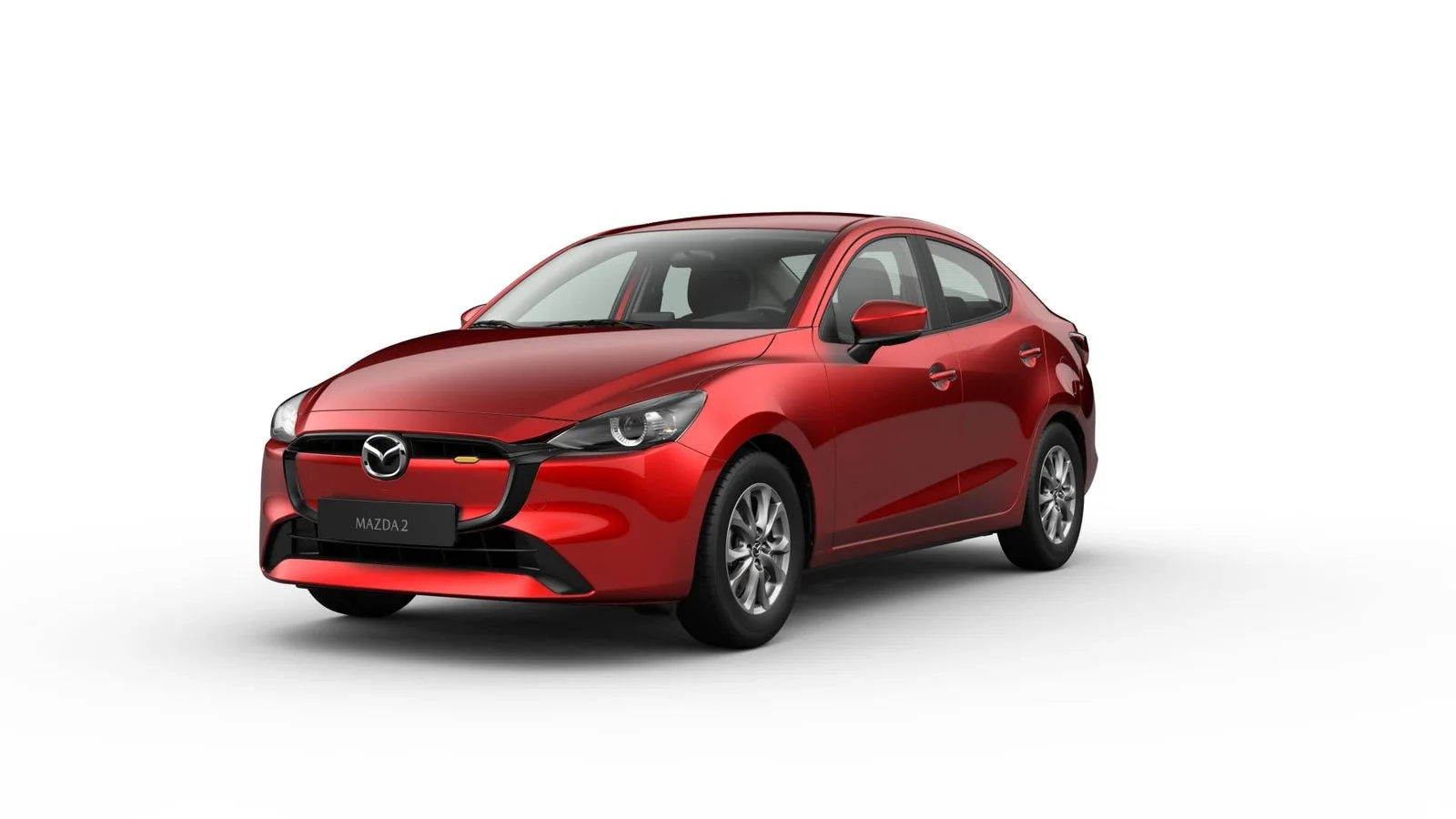 Mazda 2 Sedán color Rojo Diamante, vista 3/4 frontal en estudio